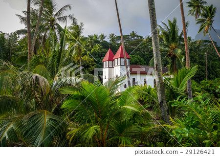 Haapiti church in Moorea island jungle, landscape 29126421