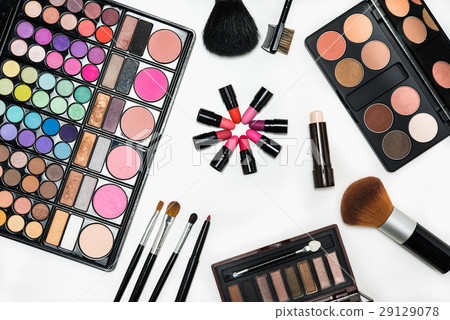 Makeup cosmetics and brushes on white background 29129078