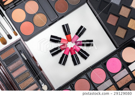 Collection of makeup cosmetics palette and brushes Collection of makeup cosmetics palette and brushes 29129080