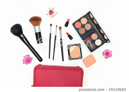 Makeup cosmetics palette and brushes on white 29129083