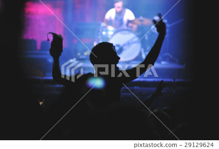 Rear view of man with raised arms enjoying concert 29129624