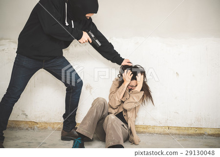 Hostage of terrorist or burglar threatening 29130048