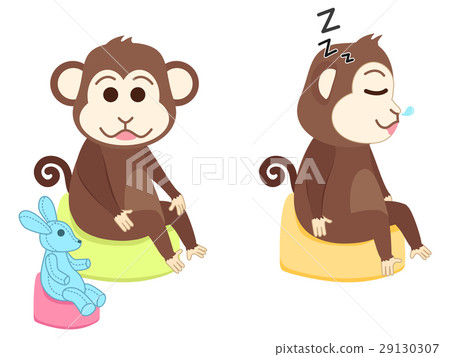 Monkey sitting on potty sleeping and playing Monkey sitting on potty sleeping and playing 29130307