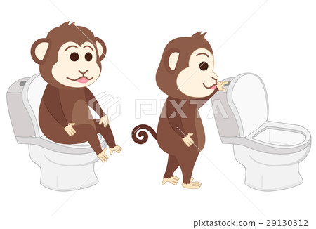 Monkey sitting on the toilet and flush toilet 29130312