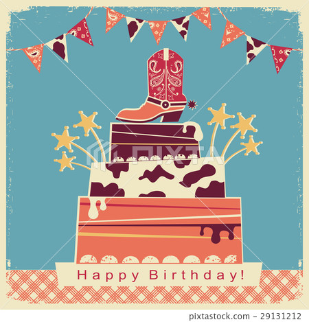 Cowboy party card with big cake and cowboy shoe. Cowboy party card with big cake and cowboy shoe. 29131212