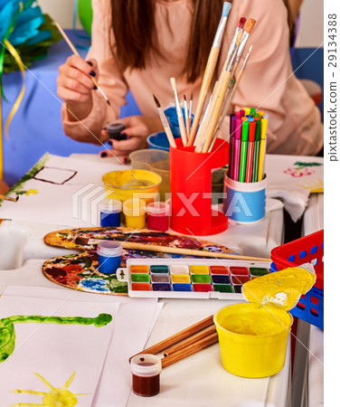 Kindergarten tables and chairs in interior Kindergarten tables and chairs in interior 29134388