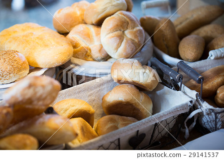 Fresh round scones at bakery display Fresh round scones at bakery display 29141537