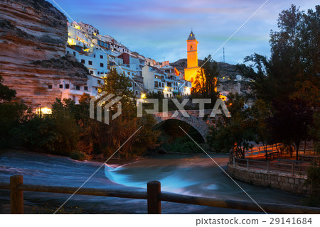 twilight view of Alcala del Jucar with bridge twilight view of Alcala del Jucar with bridge 29141684