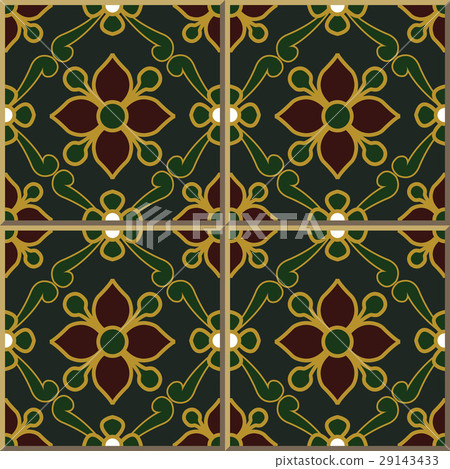 Ceramic tile green gold outline red flower leaf 29143433