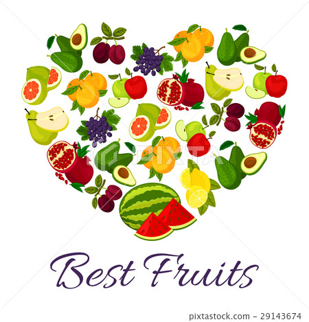 Fresh juicy fruits in heart symbol Fresh juicy fruits in heart symbol 29143674