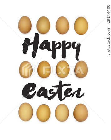 Happy Easter in rows of dozen brown eggs. 29144400