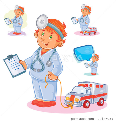 Set vector icons of small child doctor and his toy 29146935
