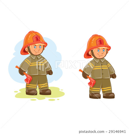 Vector icons of small child firefighter and his - Stock Illustration ...
