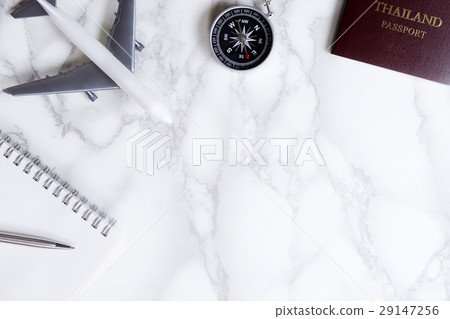 Travel blogger acessories on luxury marble surface 29147256