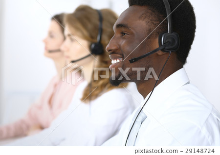 African american call operator in headset. Call 29148724