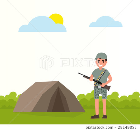 Happy hunter stands near the tent stand with 29149855