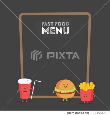 Funny cute fast food burger, soda, french fries Funny cute fast food burger, soda, french fries 29153659