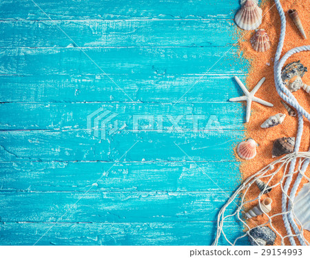 Various sea items border of  blue wood background 29154993