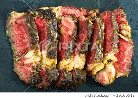 rib-eye steak with spices cut in slices, close-up rib-eye steak with spices cut in slices, close-up 29160512