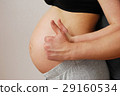 Happy young parents showing OK sign on pregnant wife belly 29160534