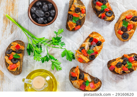 bruschetta with fish fillet, olive rings bruschetta with fish fillet, olive rings 29160620