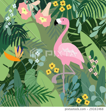 Summer tropical background. Flamingo bird with - Stock Illustration ...