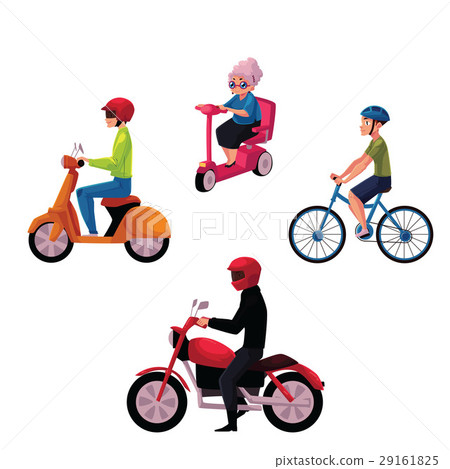 People riding bicycle, scooter, motorcycle, urban 29161825