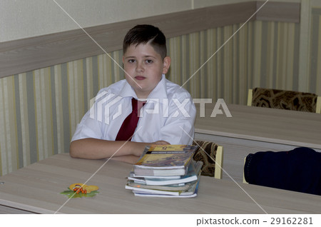 school student in a claret tie behind school desk 29162281