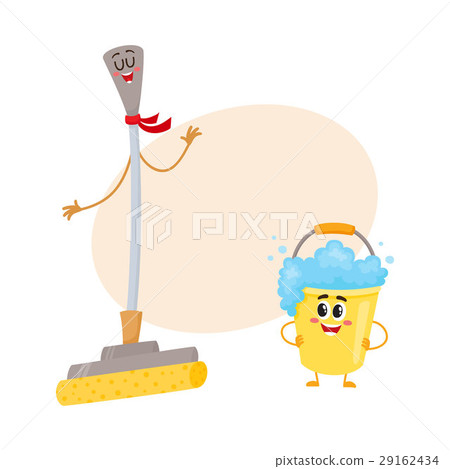 Funny sponge mop and soap foam bucket characters 29162434