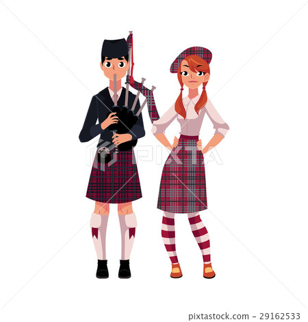 Bagpiper, piper and Scottish girl in national 29162533