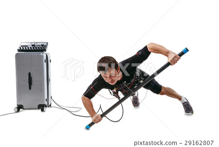 EMS fitness man doing one hand plank with body bar EMS fitness man doing one hand plank with body bar 29162807