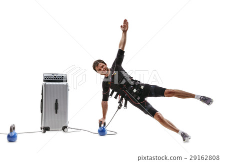 EMS fitness man do two point side plank dumbbell 29162808