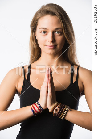 Woman yoga teacher in various poses asana isolated 29162935