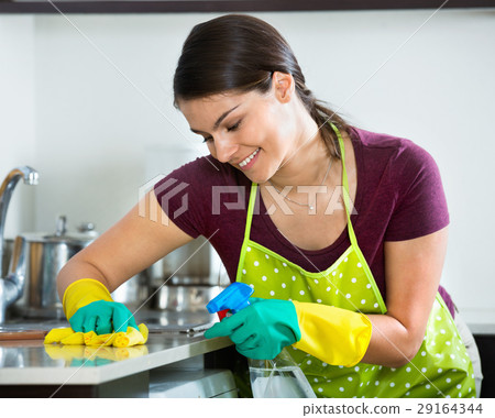 Cheerful beautiful housewife with rag 29164344