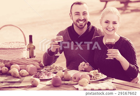 couple drinking wine and talking on picnic couple drinking wine and talking on picnic 29167602