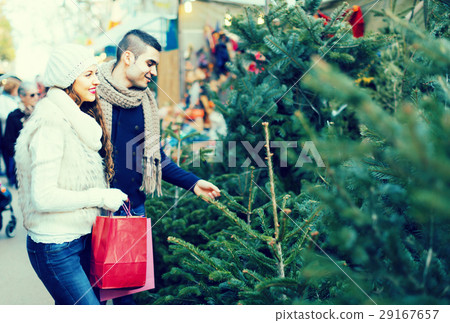 Smiling girl with boyfriend at fir-trees market Smiling girl with boyfriend at fir-trees market 29167657