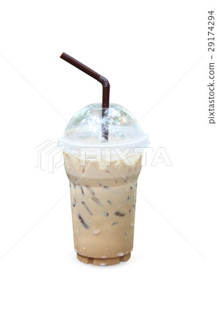 Iced coffee with straw in plastic cup isolated  29174294