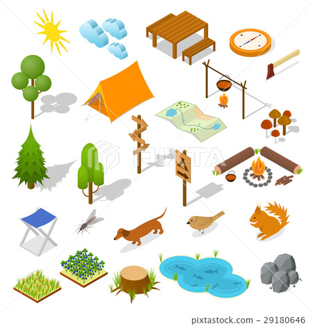 Camping Element or Part Set Isometric View. Vector Camping Element or Part Set Isometric View. Vector 29180646
