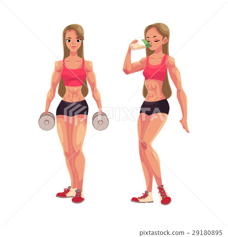 Woman bodybuilder holding dumbbells and drinking 29180895