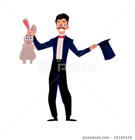 Magician, illusionist conjuring rabbit out of hat Magician, illusionist conjuring rabbit out of hat 29184329