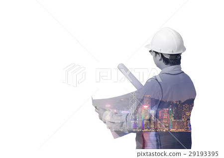Double exposure of construction engineer and city 29193395