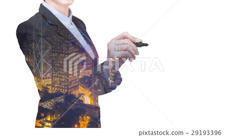 Double exposure business woman holds a marker Double exposure business woman holds a marker 29193396