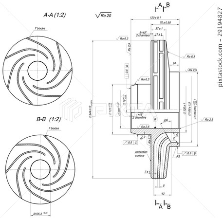 Sketch of wheel with section and blades - Stock Illustration [29194827 ...