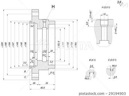 Cap sketch with hatching. Engineering drawing Cap sketch with hatching. Engineering drawing 29194903