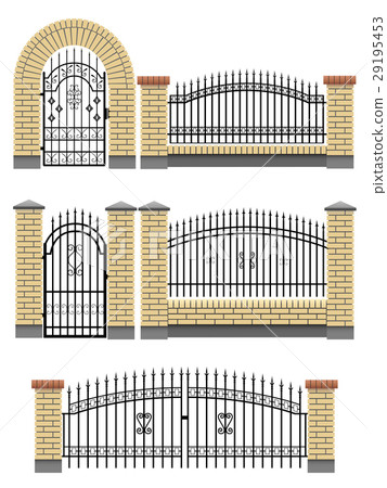 Gate and fences with brick columns and lattice. 29195453