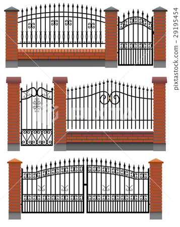 Gate and fences with brick columns and lattice. 29195454