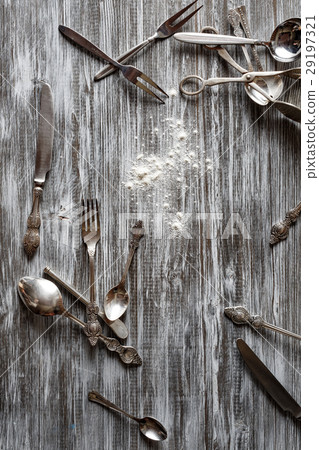 Rustic vintage set of cutlery knife, spoon, fork Rustic vintage set of cutlery knife, spoon, fork 29197321