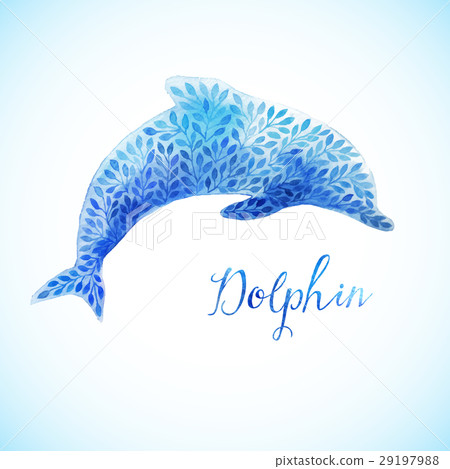 Jumping blue dolphin watercolor painted. Jumping blue dolphin watercolor painted. 29197988