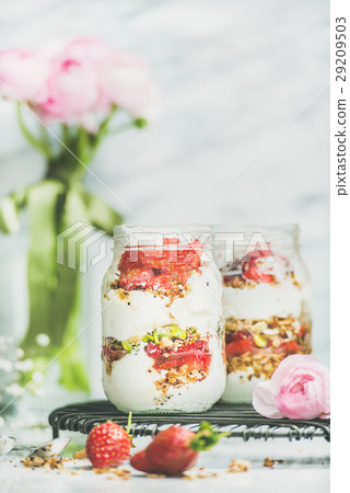 Greek yogurt, granola, strawberry breakfast jars Greek yogurt, granola, strawberry breakfast jars 29209503
