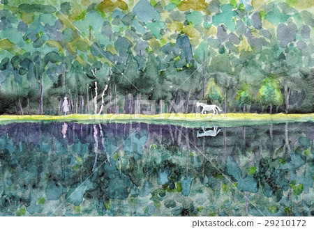 早晨艾克山湖水彩畫白馬 早晨艾克山湖水彩畫白馬 29210172